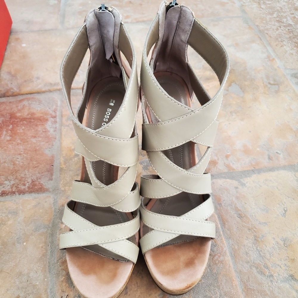 Boss Orange Strappy Beige, Brown Leather High Heels, Zip up.